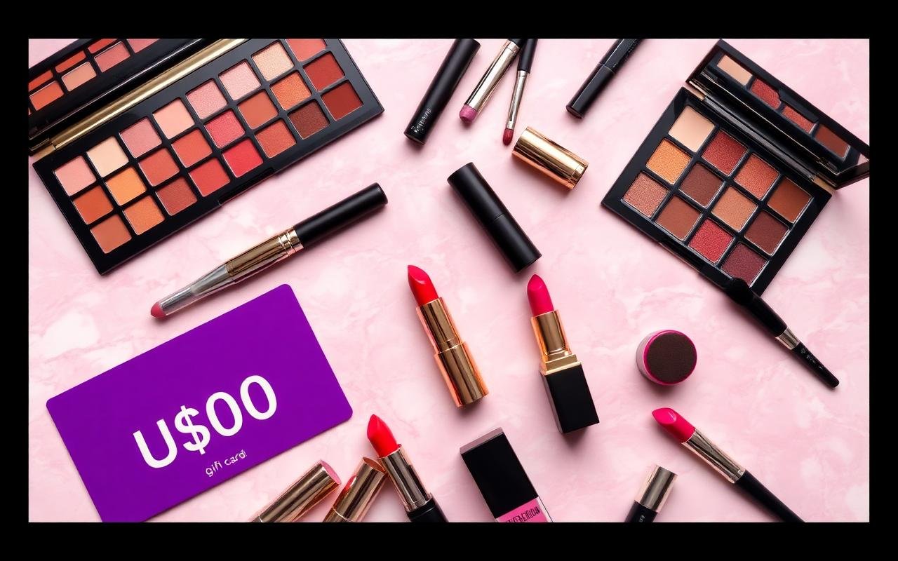 Ulta Beauty makeup palettes lipsticks and $100 gift card flat lay
